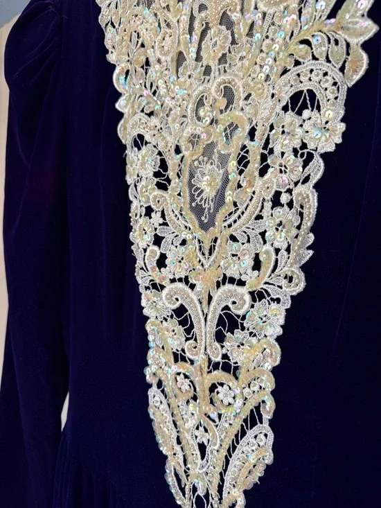 Vintage 1990 Jessica McClintock Blue Velvet Dress | Lace Bib | Tea Length - Picture 4 of 12